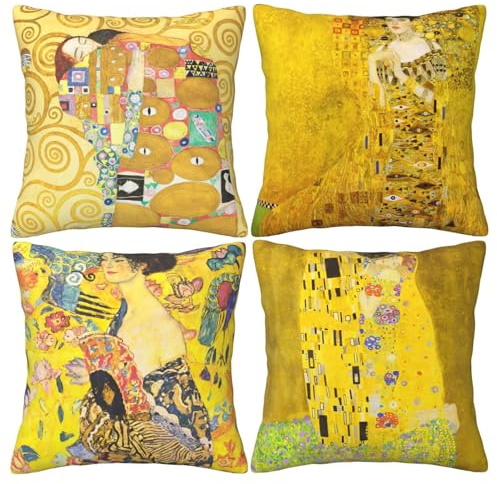 HOSTECCO Klimt Art Painting Cushion Covers 45x45 cm Pack of 4 Yellow Famous Art The Kiss Printed Pillow Covers Square Decorative Patterned Pillow Cases for Sofa Couch Bed