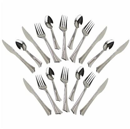 Silver Plastics Cutlery Set with Knives Forks Spoons Elegant Tableware Attractive Dinnerware Silverware Plastic Sets for Home Picnic Party Hotel Restaurant Includes 6 Knife 6 Spoon 6 Fork (18 Pieces)
