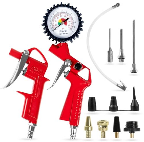 WALTER Druckluft Zubehör Set 13-Teilig, Fahrradventiladapter, Reifenfüller, Ausblaspistole, Ballnadel