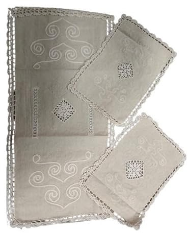 Corredocasa Completo Set Centrini 3 Pezzi Piccolo 70x35 cm-25x36 cm Manifattura Italiana Misto Lino Ricamato a Mano (Centro Lino con Orlo a Giorno Ricamo colorato)