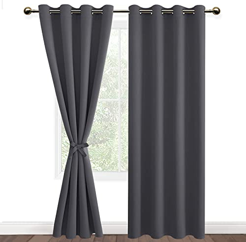 DWCN 2 Pièces Rideau Thermique Isolant Anti Froid à Oeillets, Rideaux Occultants Opaques de Couleur Foncée avec Embrasses, 140x245 CM (Largeur x Hauteur), Gris Foncé