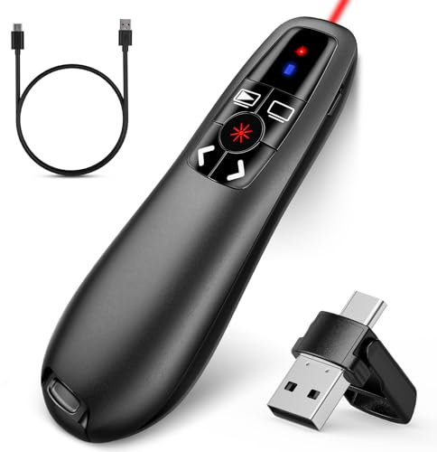 2-in-1 USB Type C Presentation Clicker, Clicker for PowerPoint Presentations, Rechargeable Wireless Presenter Remote, Pointer RF 2.4GHz USB PowerPoint Clicker Slide Advancer with Volume Control