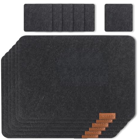 Tischsets Filz Platzsets Abwaschbar 40x32 cm Tischsets Abwischbar Platzset 12er Set,6er Filzuntersetzer Platzdeckchen+6er Glas Untersetzer,Grau