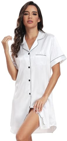 North Bund Camisón Mujer Manga Corta Ropa De Dormir Sexy Cuello En V Casual Camisones Pijama Vestido Verano para Lactancia Premamá Maternidad Blanco XL