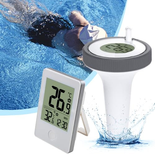 OBEST Pool Thermometer Funk, Digitales Poolthermometer Schimmend mit Poolsensor, 60M Getriebe, +/-1 ℃ Fehler, IP67 Wasserdicht Innen Außenthermometer für Schwimmbäder, Aquarium, Badewannen, Teich