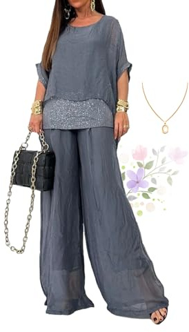 ZPLMIDE Traje casual de gasa con lentejuelas para mujer, elegante pantalón de gasa de pierna ancha, conjunto de dos piezas para boda, gris, XL