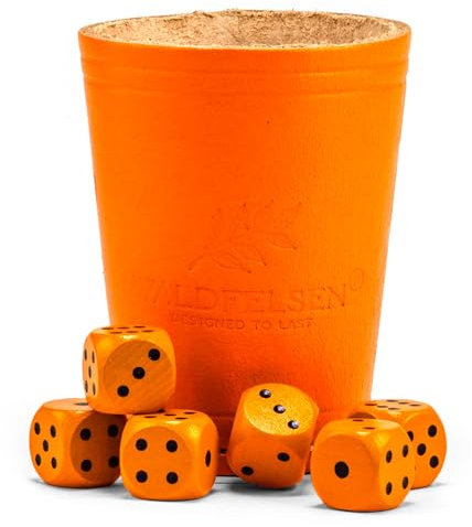 WALDFELSEN® Genuine Leather Dice Cup (9 cm) with 6 Wooden Dice (16 mm) Made of Beech Wood Leather Cup Dice Set Eye Cube Game Dice (Color : Orange)
