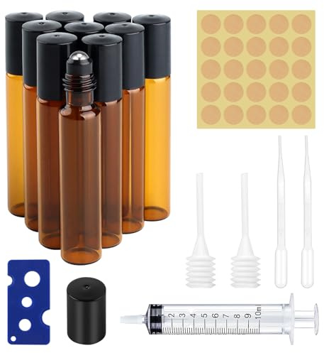 12 stycken påfyllningsbara flaskor med bruna roll 10 ml eteriska oljor i glasflaskor, rullande glasflaskset, anti-UV tom glasflaska, små bärnsten flaskor för aromaterapi