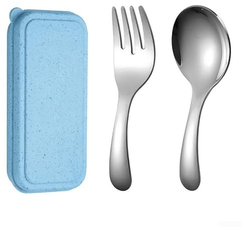 Mini juego de cubiertos portátiles de acero inoxidable para niños, cuchara y tenedor para viajes y picnics (plateado)