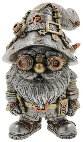 Gentleman Joe Steampunk Garden Gnome Figurine, Painted Resin, Industrial Mechanical Design, Silver and Bronze