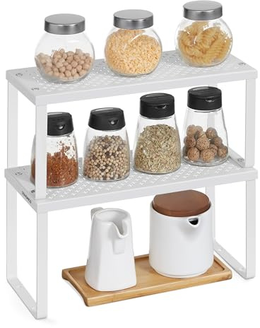 SONGMICS 2 Metal Spice Racks, Stackable Expandable Cupboard Organisers | Set of 2 Cabinet Organisers, Stackable, Expandable, 31.9x14x15.3cm, 31.9x13x13.6cm, Matte White, Beque Collection