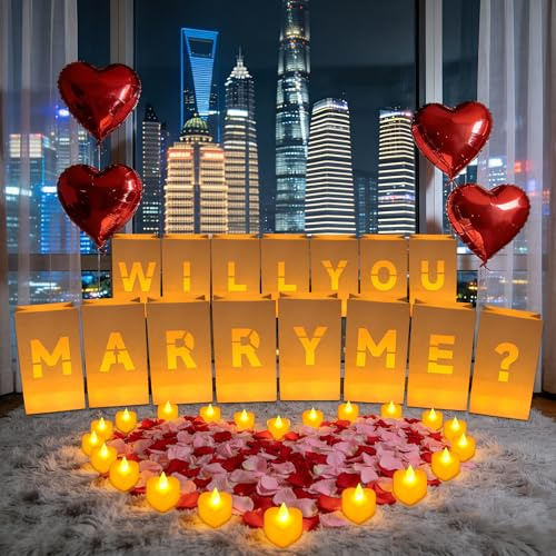 LACGO Proposal Decorations,Will You Marry Me Sign,Light Up Letters with 14pcs Luminary Bags,24pcs Tea Lights,1000pcs Red&Pink Rose Petals,Will You Marry Me Banner,Surprise Set for Women