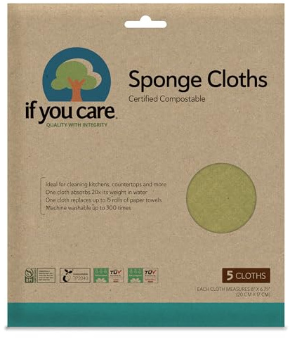 If You Care Sponge Cloths – 5 Count – 100% Natural Cleaning Rags for Kitchen, Bathroom, Home Countertop Surfaces – Absorbent, Reusable, Machine Washable, Compostable