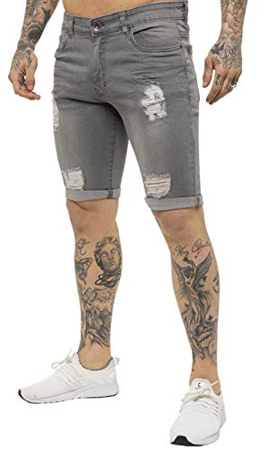 Enzo EZS383 Jeans Mens Denim Shorts Skinny Fit Distressed Ripped Half Pants Grey 34