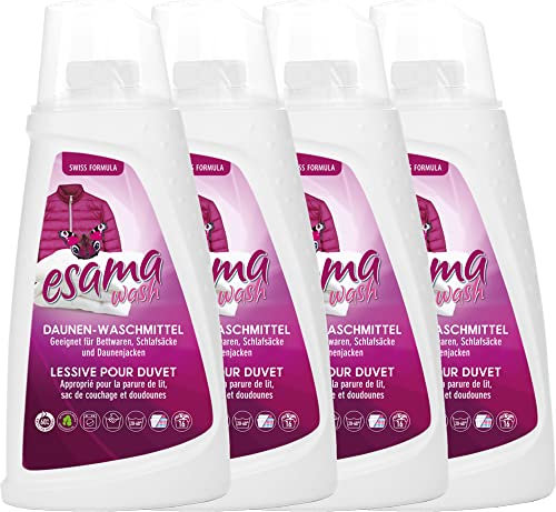 Esama wash 4x1L Daunenwaschmittel bis zu 64 Waschgänge für Daunen, Daunendecken, Daunenjacken, für weiße, als auch für farbige Textilien und Handwäsche geeignet