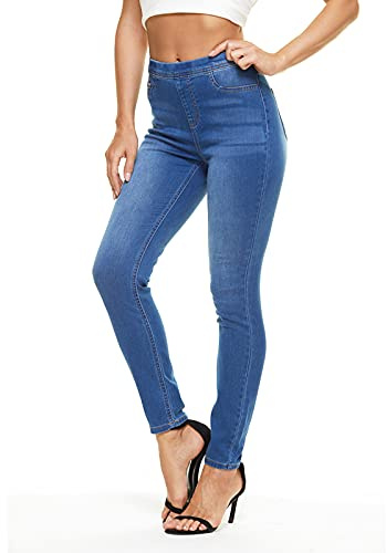 LICTZNEE Jeggings for Women High Waist, Stretchy Jeans Slim Fit Leg Pull on Jean with Pockets, Soft Breathable Cotton Blend, ((Medium Blue, Large)