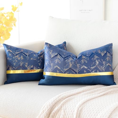 Artscope 2er Set Kissenbezug für Sofa Auto Schlafzimmer Luxuriöser Moderne Minimalist Goldenen Ledernähten Wellenstreifen Dekokissen Kissenhülle Kissen Fall 30x50cm (Navy Blau)