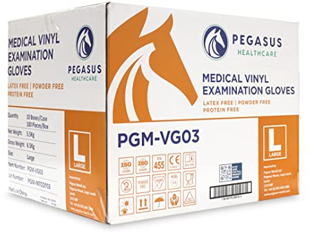 Pegasus Healthcare 10pk Clear Disposable Vinyl Medical Examination Gloves AQL 1.5 Powder & Latex Free (1000, LARGE)