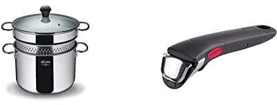 Lagostina Pastaiola in Acciaio Inox 18/10 + Coperchio in Vetro e Cestello Scolapasta, 22 cm, 5 Litri & Ingenio Induction Manico Rimovibile Compatibile con Tutte le Pentole Lagostina Ingenio Nero