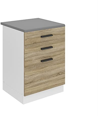 Belini Unterschrank Küche, Küchenunterschrank 60 cm Breite. SDSZ Küchenunterschrank mit Arbeitsplatte. Küchenschrank mit Schubladen, Sonoma-Eiche