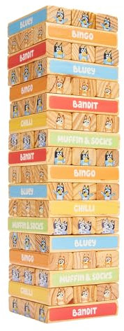 Bluey Tumbling Tower Game - 54 Colourful FSC-Certified Wooden Blocks, Hand-Eye Coordination & Motor Skills Family Game, Eco-Friendly Fun for Kids Aged 3+, Durable & Non-Toxic