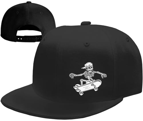 FACITE Snapback Hats for Men Flat Bill Hats for Men Flat Brim Hats Hip Hop Cool Hat Black Skeleton Skull Hat Skateboard Accessories Fitted Trucker Baseball Workout Boys Teen Caps Adjustable