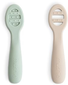 Mushie First Feeding Baby Spoons | BPA-Free Silicone Learning Spoons 2-Pack | Dishwasher Safe Durable Toddler Utensils | Cambridge Blue/Shifting Sand