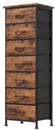 Fixwal Tall Dresser for Bedroom, Storage Dresser Organizer with 7 Fabric Drawers, Nightstand Furniture in Closet, Entryway, Hallway, Rustic Brown Wood Grain Print