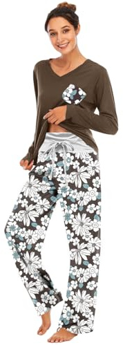 Famulily Pyjama à fleurs pour femme, doux et confortable, avec haut à manches longues et pantalon large, pour dormir et se détendre, Café, S