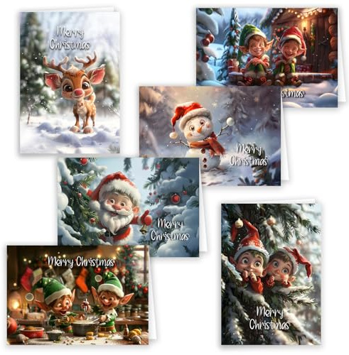 12 julkort, set vikbara kort, kort med kuvert, julkaos med charm, kort kuvert, glänsande god jul, god jul, jul, jul, jul, söt julkort, julälvor, ren