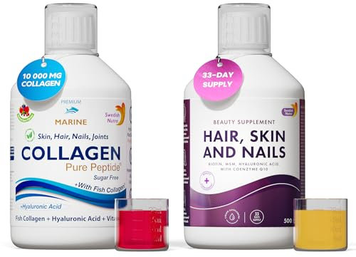 Swedish Nutra - Hydrolyzed Marine Collagen & Hair, Skin & Nails Liquid Supplements - 2 x 500 ml | Peptide, Vitamins, Collagen, Biotin, MSM, Hyaluronic Acid & CoQ10 | High Absorption & Natural Flavour