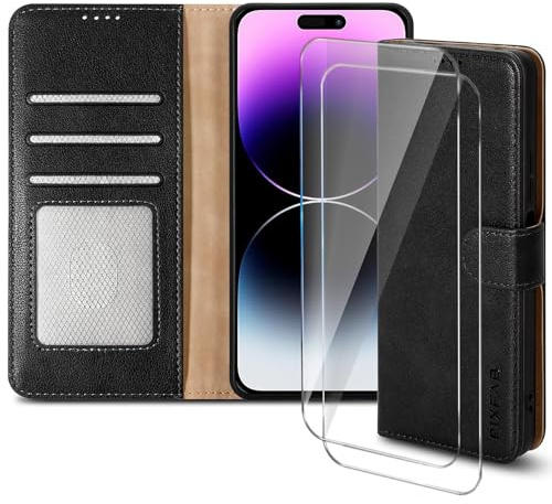 for Apple iPhone 14 Pro Max Case with 2 x Screen Protector Tempered Glass, Leather Wallet Phone Case, Magnetic Book Flip Folio Cover [RFID Protection & Card Slots] and [Kickstand] - Black