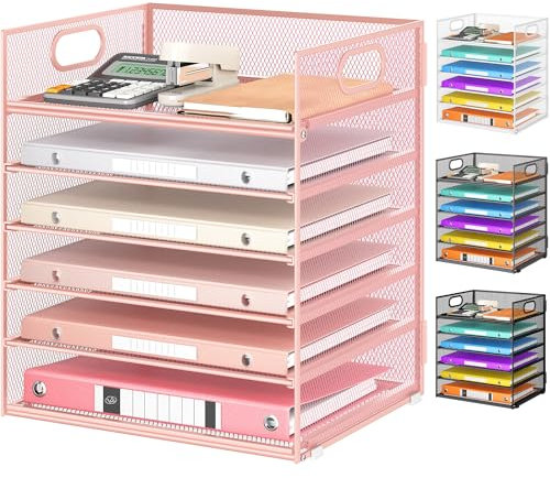VITVITI Schreibtisch Organizer, 6 Ebenen Briefablage, Stapelbare Aktenhalter, Ablagefächer mit Griff, Bürobedarf für A4 Dokumentenablag, Papier, Buch, Magazin (Rosa)