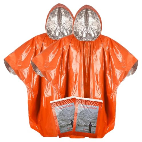 Vonctixe Poncho de pluie d'urgence épais avec doublure en Mylar, poncho thermique très résistant pour adulte, poncho de survie réutilisable, équipement de survie, camping, randonnée, extérieur