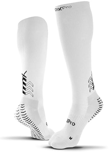 GEARXPro - Calza a Compressione - Doppio Grip - Migliora il Flusso Sanguigno - Stabilità, Controllo e Traspirabilità, Calze Calcio e Running (IT, Testo, L, Regular, Regular, L+, Bianco)