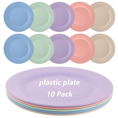 YAYODS Lot d'assiettes en plastique pour 10 personnes – 28 cm – Assiettes plates incassables en polypropylène – 5 couleurs – Assiettes en plastique réutilisables pour enfants et adultes – Assiettes en