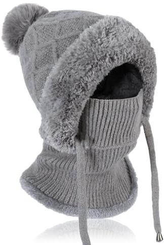 TAGVO Women's Winter Warm Knitted Cap with Neck Warmer, Slouch Adjustable Knit Beanie Hat with Hairball, Winter Woolly Hat with Warm Fleece Linning, Windproof Balaclava Snood Hood Hat for Women Grey
