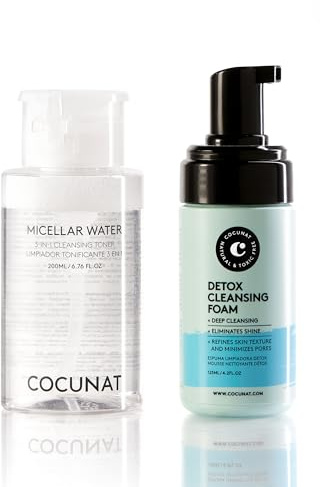 COCUNAT - Set de Doble Limpieza - Agua Micelar y Espuma Limpiadora Detox - Limpia, Tonifica y Desmaquilla - Cierra los Poros - Sin Sulfatos 200 ml + 125 ml