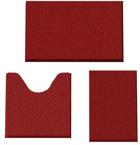 COMPOLICY Badvorleger Set 3-Teilig-Weiches Badematten Set mit Rutschfester, Chenille Saugfähige Badteppiche Sets für Badezimmer, Toilette und Dusche-Maschinenwaschbar (Weinrot)