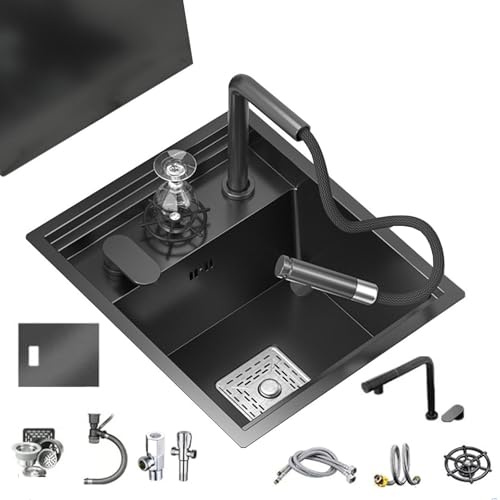 RV Bar Kitchen Hidden Stainless Steel Small Sink with Cover, Lifting Faucet, Siphon Balcony Studio Outdoor Vegetable and Hand Washing Basin(Sink+Faucet B)