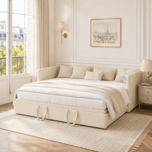 FOERPL Bäddsoffa, konvertibel 90/180 x 200 cm, 2-sits bäddsoffa, sammetstyg, utdragbar enkelsäng, dubbelsäng, utdragbar säng, utdragbar säng, vadderad säng, soffa, 2 personer (beige)