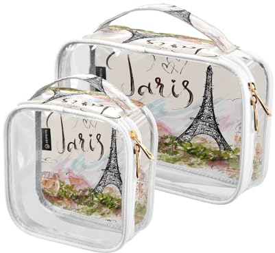 Confezione da 2 trousse da viaggio trasparenti per cosmetici e articoli da toeletta con Torre Eiffel di Parigi, per donne, uomini e ragazze, a tema Francia Parigi, borsa organizer per cosmetici per