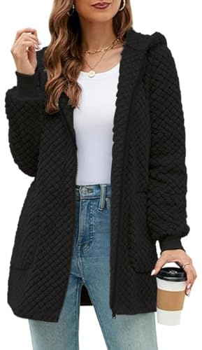 ABINGOO Veste Polaire à Capuche Femme Manteau Longue Peluche Doux avec Poches Cardigan Décontracté Pelucheux Zippé pour Automne Hiver(Noir,XL)
