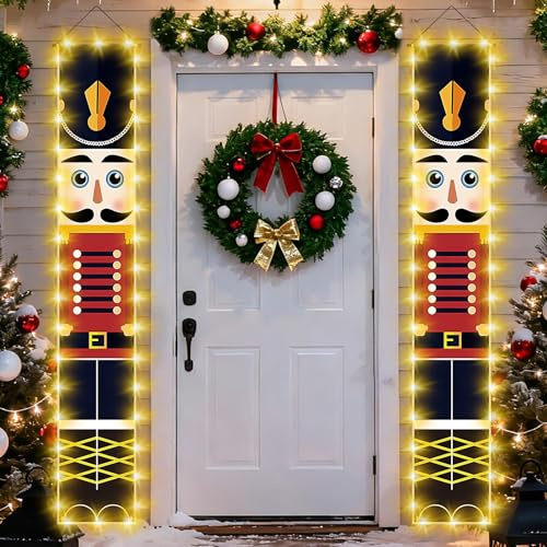 TAVADA Schiaccianoci Decorazioni per Striscioni di Natale (1 coppia,32x180cm) con luci LED,adatto per indoor/outdoor.Banner di Natale,Decorazione per veranda,porta di casa,giardino,cortile o cancello