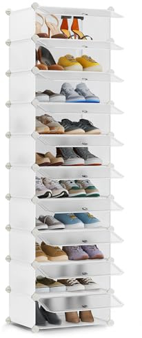 SONGMICS Scarpiera, Scaffale Componibile in Plastica, Armadietto Portascarpe Fai da Te con Ante e Martelletto, Mobiletto Porta Scarpe, 10 Scomparti, Bianco LPC010WH01