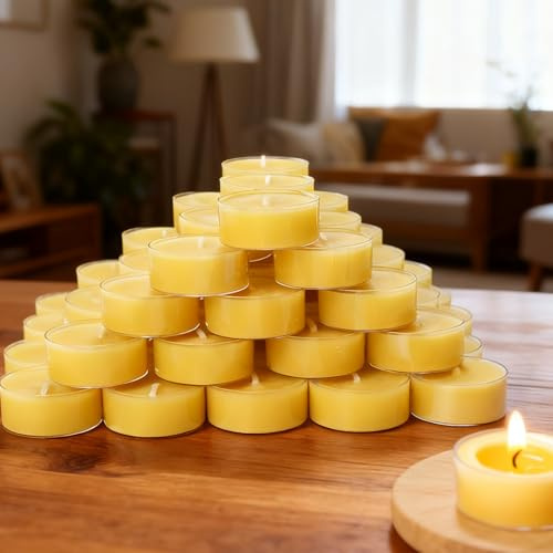 50 bougies chauffe-plat en cire d'abeille, bougies en cire d'abeille pure avec mèche en coton, 4 heures de combustion, faites à la main, non toxiques et respectueuses de l'environnement pour la