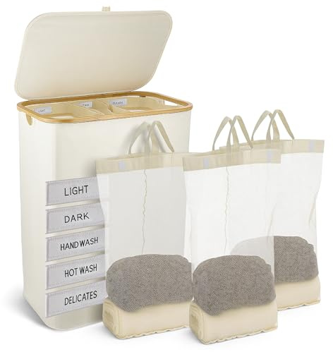 GROWNEER Extra Große Wäschekorb mit Deckel, 160L, 3 Fächer für Schmutzige Kleidung, Inklusive Abnehmbarer Wäschesäcke – Ideal für Schlafzimmer und Waschküche (Weiß)