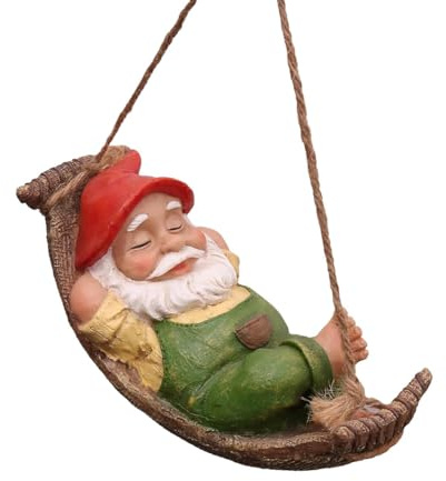 Alide Statua di gnomo da giardino con amaca, decorazione in resina per esterni, impermeabile, ornamento per patio, cortile, prato, verde, 7 x 8,5 x 14 cm