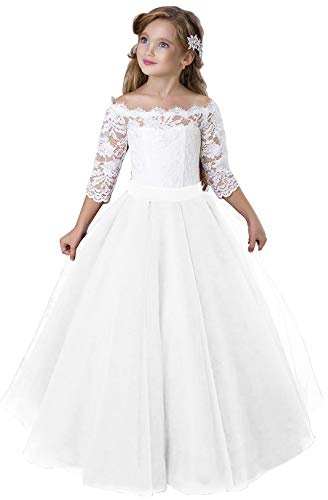 Flower Girl Dress Kids Lace Pageant Party Christmas Ball Gown Dresses (Size 8, White)