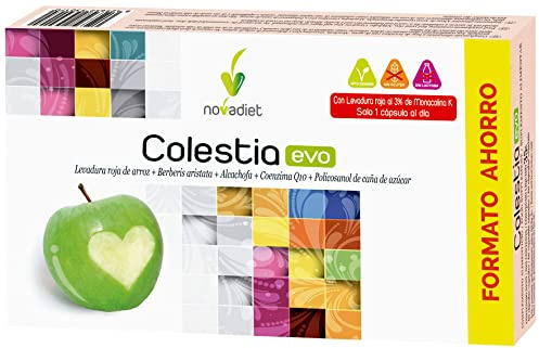 Novadiet COLESTIA EVO 60 Cap - Pastillas para el Colesterol, Arroz fermentado con levadura roja +Berberis aristata+Alcachofa+Coenzima Q 10+Policosanol de caña de azúcar